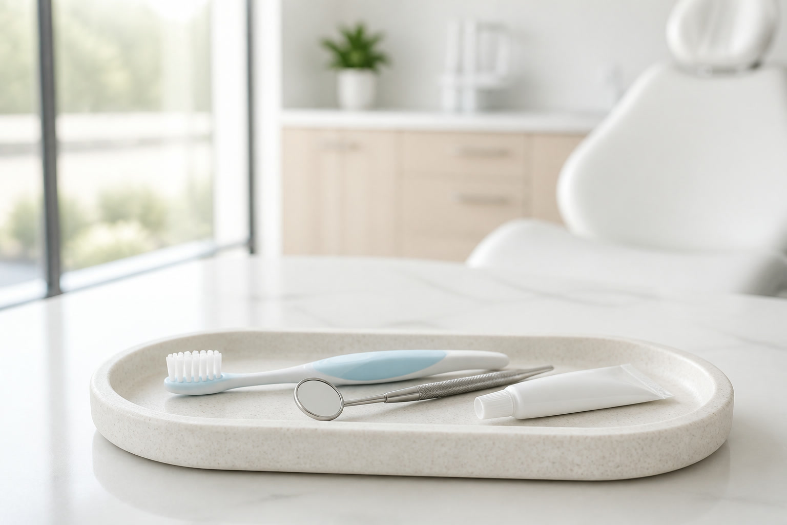 Illustration of a small toothbrush and dental mirror